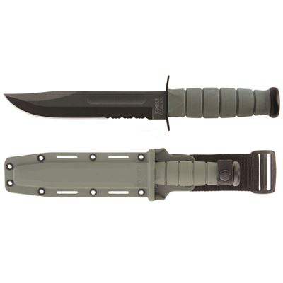 Nóż bojowy z ząbkowaną krawędzią ostrza, plastikowa pochwa, kolor FOLIAGE GREEN