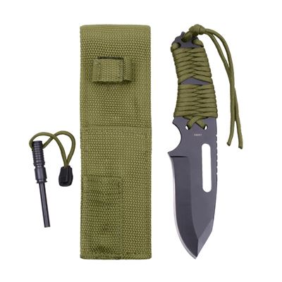 Nóż PARACORD ROTHCO z ostrą klingą + krzesiwo ZIELONY