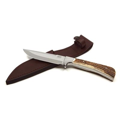 Nóż myśliwski NEREZ z ostrą klingą, rękojeść z poroża, ostrze 138 mm