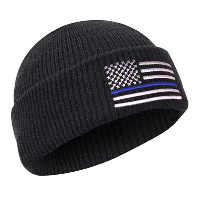 Czapka DELUXE dzianinowa z flagą USA i niebieską linią CZARNA