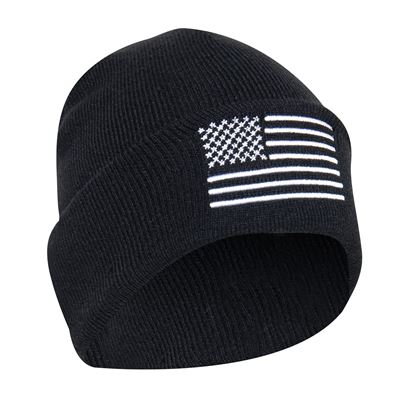 Czapka z drobno dzianiny z kolorową flagą USA CZARNO-BIAŁĄ