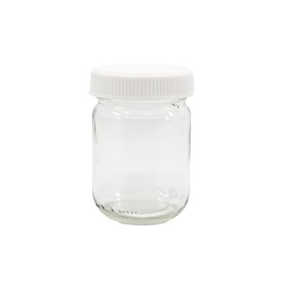 Szklana butelka z szeroką szyjką 130 ml z białym plastikowym nakrętką