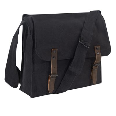 Płócienna torba na ramię VINTAGE ze skórzanymi paskami BLACK