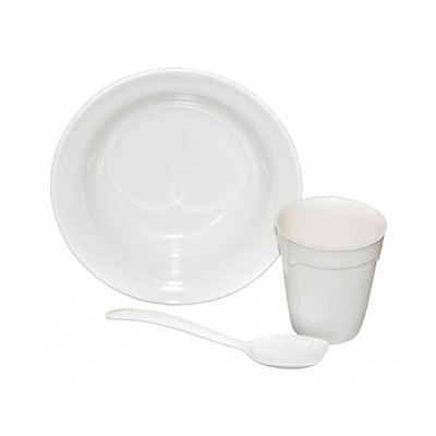 Plastikowe naczynia MEPAL zestaw kubek, talerz i łyżka BIAŁE