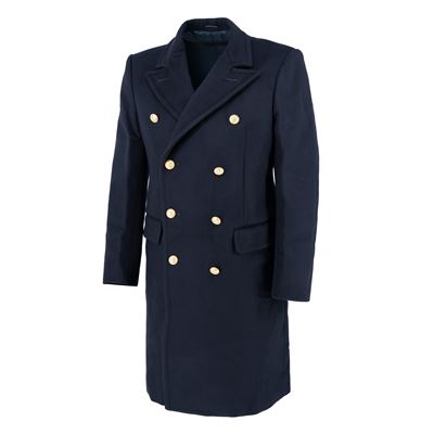 Włoski wełniany płaszcz długi z dwurzędowym zapięciem ciemnoniebieski