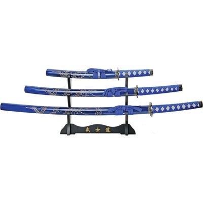 Katana DRAGON zestaw 3 sztuk ze stojakiem NIEBIESKI