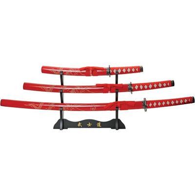 Katana DRAGON zestaw 3 sztuk ze stojakiem CZERWONY