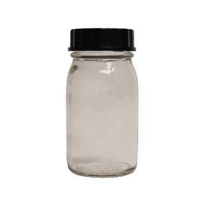 Szklana butelka o pojemności 200 ml z czarnym plastikowym korkiem
